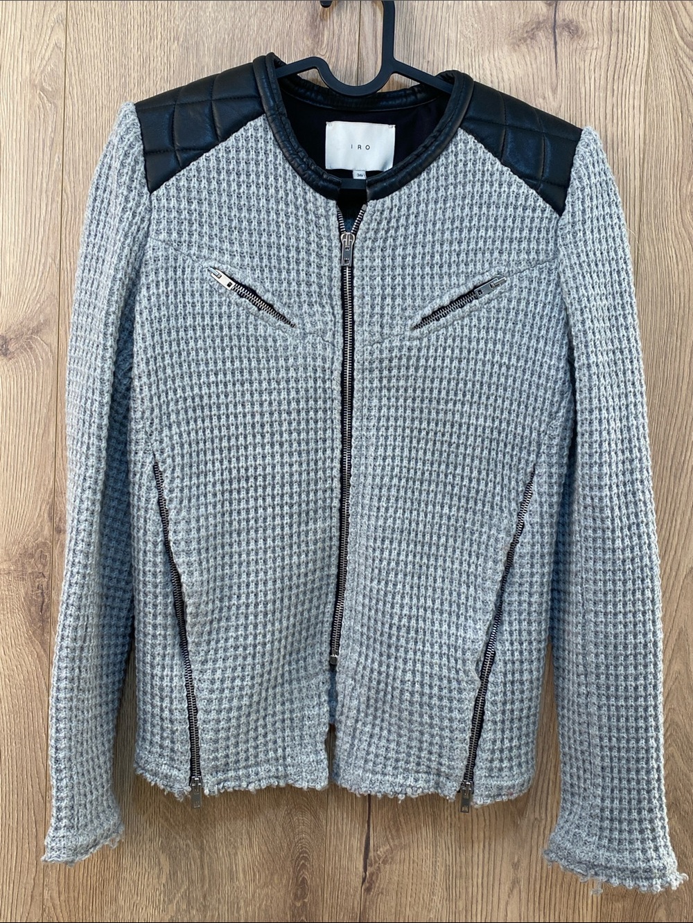 IRO Paris Ceylona Knit Moto Jacket Lamb Leather Trim Gray Black size 2 (EUR 36).